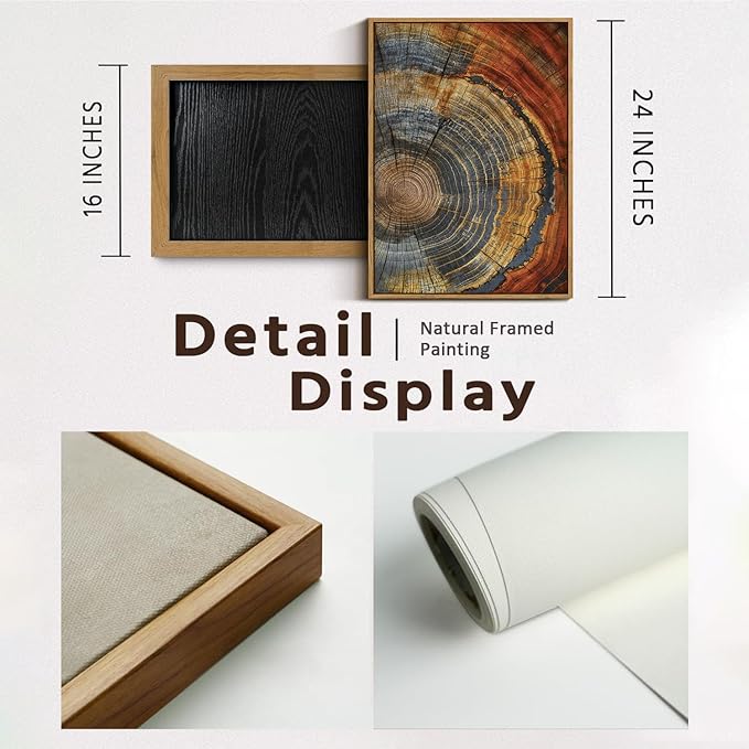 BingruiArt Framed Tree Ring Canvas Wall Art Red and Gold Abstract Wood Wall Decor Boho Modern Colorful Nature Prints Pictures Poster for Living Room Bedroom Bathroom Office 16"x24" Natural Framed(03)