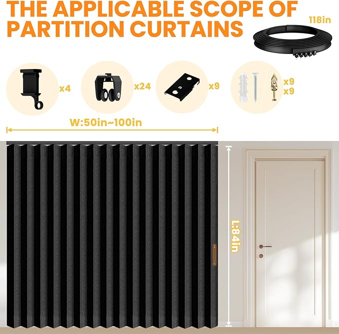 100% Blackout Accordion Room Divider Curtains - with Flexible Ceiling Track Total Privacy Sound Proof Curtains Suitable for Bedroom Patio Sliding Door(Black, W100 x L84, 1 Pack)