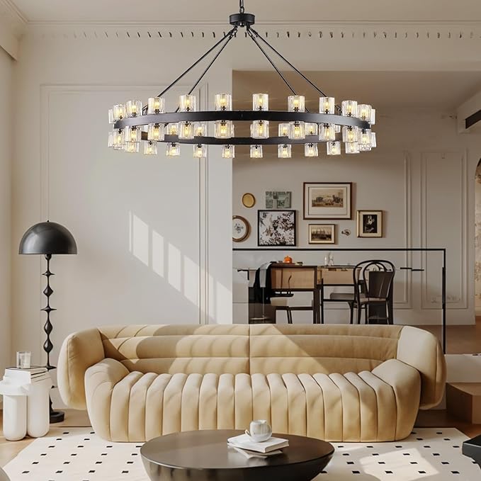 60 Inch Black Wagon Wheel Chandelier with Crystal Shade, 60 Lights, Modern Farmhouse Style, Ideal for Dining Room, Kitchen, Entryways