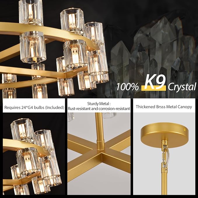 Modern 24" Gold Crystal Chandelier,K9 Crystal Round Chandeliers for Dining Room,Living Room Chandelier, Dining Room Chandeliers Over Table, Sutiable for Bedroom,Foyer,G4 Includes Bulbs