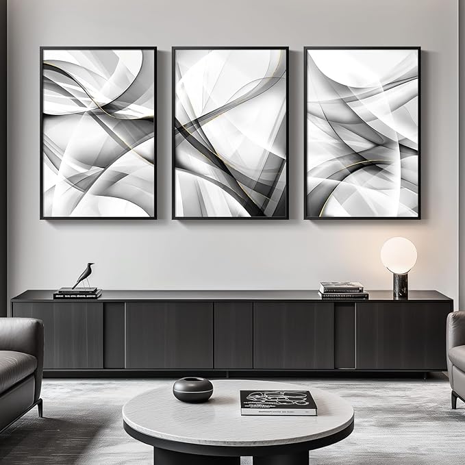 Large Framed Black and White Gold Abstract Lines Wall Art for Living Room, Set of 3 Piece Canvas Paintings Artwork for Walls, Modern Minimalist Lines Art Prints Pictures for Hallway Office Wall Decor 24x36 In