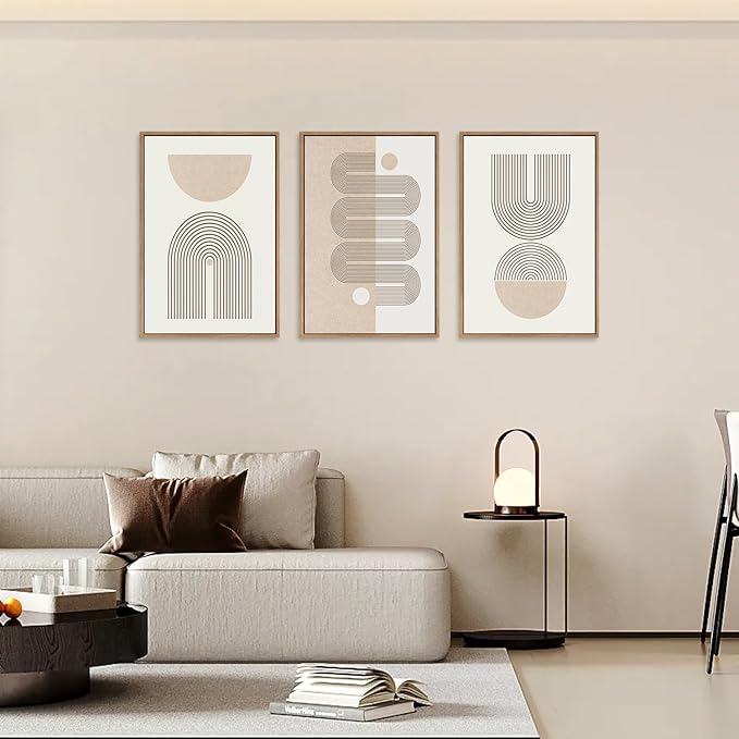 CHDITB Framed Boho Wall Art Set of 3, 24"x36" Beige Mid Century Modern Wall Decor, Abstract Geometric Line Wall Painting, Large Neutral Bohemian Canvas Art Print for Living Room, Bedroom, Office