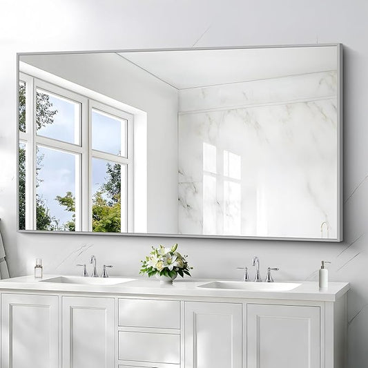 36x60inch Brushed Nickel Bathroom Mirror, Silver Rectangle Mirror with Frame, Large Rectangular Wall Mirrors for Bathroom, Living Roomm, Hair Salon, Big Mirror Hang Horizontal/Vertical