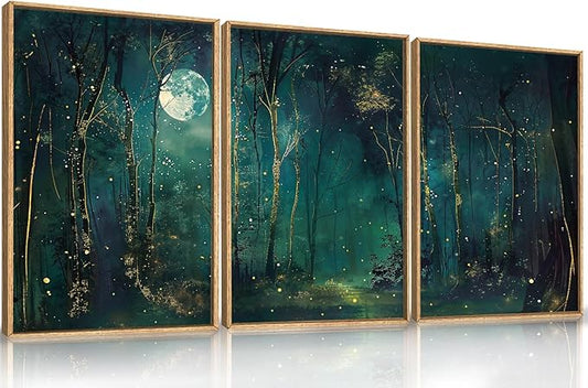 Aryroi Large Vintage Moon and Star Forest Framed Canvas Wall Art,Mystical Night Sky Scenery Wall Decor,Moody Tree Landscape Artwork,Magical Midnight Art Print for Living Room,Bedroom,Office- 16"x24"x3