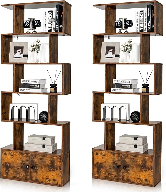 6-Tier Geometric Bookcase Set of 2, 72” Freestanding Room Divider Bookshelf with Open Display Shelves & Storage Cabinet, Wood S-Shaped Storage Organizer for Living Room, Bedroom & Home Office