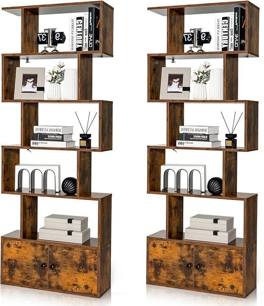 6-Tier Geometric Bookcase Set of 2, 72” Freestanding Room Divider Bookshelf with Open Display Shelves & Storage Cabinet, Wood S-Shaped Storage Organizer for Living Room, Bedroom & Home Office