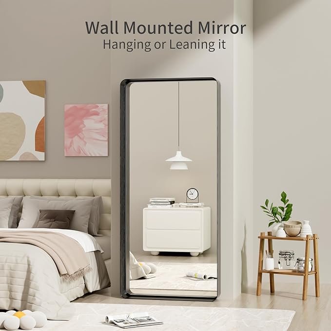 Koonmi Black Bathroom Mirror for Wall, 30x71 Inch Matte Metal Deep Framed Rounded Corner Wall Mirror, Shatterproof Tempered Glass for Farmhouse Bedroom Entryway, Vertically or Horizontally