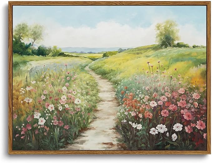KISSFOX Vintage Framed Wall Art Decor Modern Farmhouse Spring Landscape Pictures Paintings Wall Decor Rustic Wildflower Canvas Art Prints Nature Countryside Artwork For Bedroom Kitchen Living Room