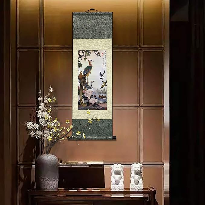AtfArt Asian Wall Decor Beautiful Silk Scroll Painting Birds - Wulun Diagram Oriental Decor Chinese Art Wall Scroll Wall Hanging Painting Scroll (36.2 x 12 in)