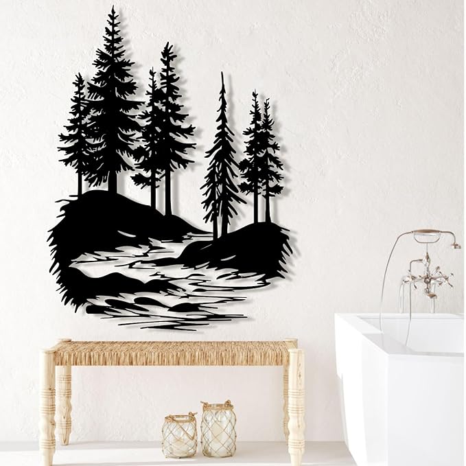 lunwall Metal Pine Tree Wall Art, Metal Forest Wall Art, Pine Branch Wall Decor, Christmas Tree Wall Decor, Forest Wall Hanging, Nature Lover Gift (Style 3, 30" H x 23" W / 76 x 57 cm)