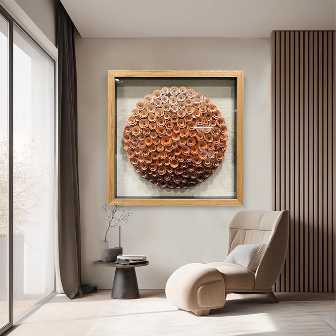 BrightA Natural Wood Paper Cylinder Wall Art Brown Gradient Color Circular Design with Earthy Tones Framed Artwork Modern Minimalist Home Decor for Living Room 23.6"x23.6"