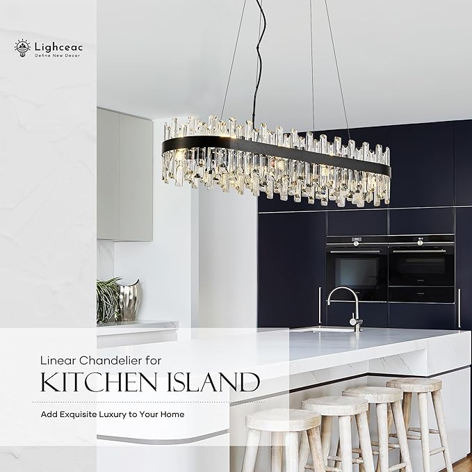 39" Modern Black Rectangle Crystal Chandelier Light Fixtures for Kitchen Island Luxury Linear Crystal Chandeliers for Dining Room 16-Light Long Hanging Pendant Lighting for Entryway Foyer Bar
