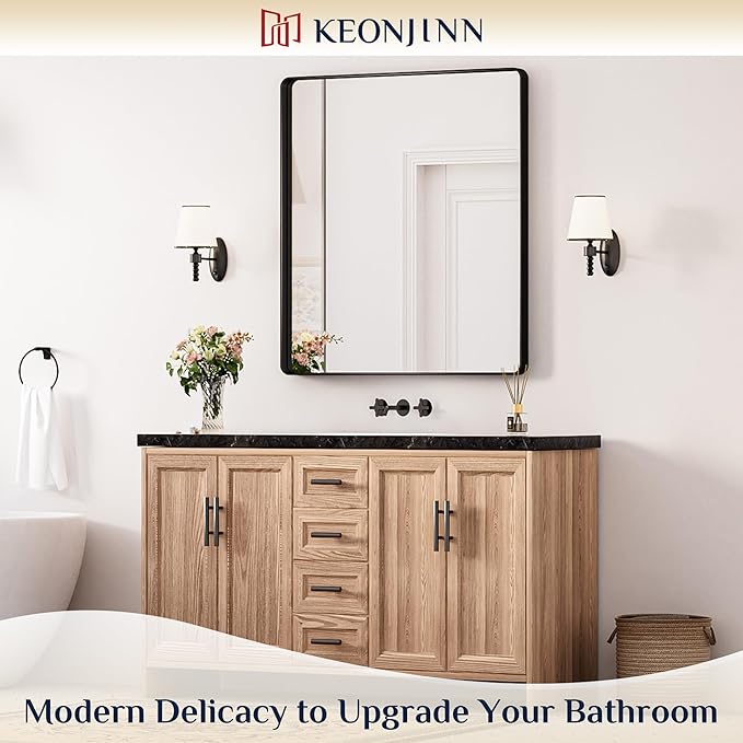 Keonjinn Black Bathroom Mirror for Over Sink, 32 x 36 Inch Rounded Rectangle Bathroom Vanity Mirrors, Matte Black Farmhouse Wall Mirror, Shatterproof HD Tempered Glass, Seamless Aluminum Alloy Frame