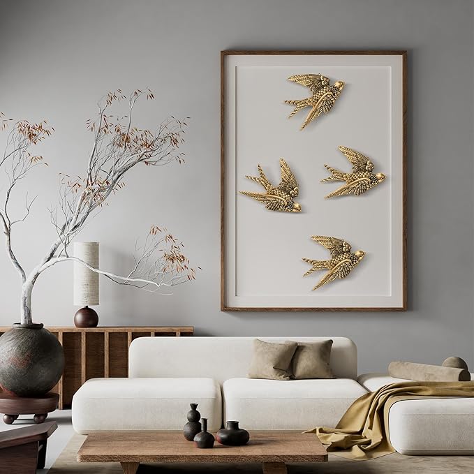 2 Pcs Vintage Bird Wall Sculpture Decor Art 6.7 Inch Antique 3D Sculpted Hanging Bird Resin Wall Art Golden Brass Rustic Floating Ornament for Living Room Garden Indoor Outdoor, Gift for Christmas