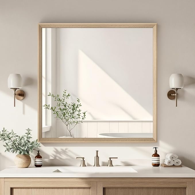 Oak Wood Effect Framed Wall Mirror, 36x36 Rectangle Mirror, 1/8" Anti-desilvering Tempered Glass, Sustainable& Sturdy Frame, Anti-Rust, HD Reflection &3min Fast Setup for Bathroom Living Room