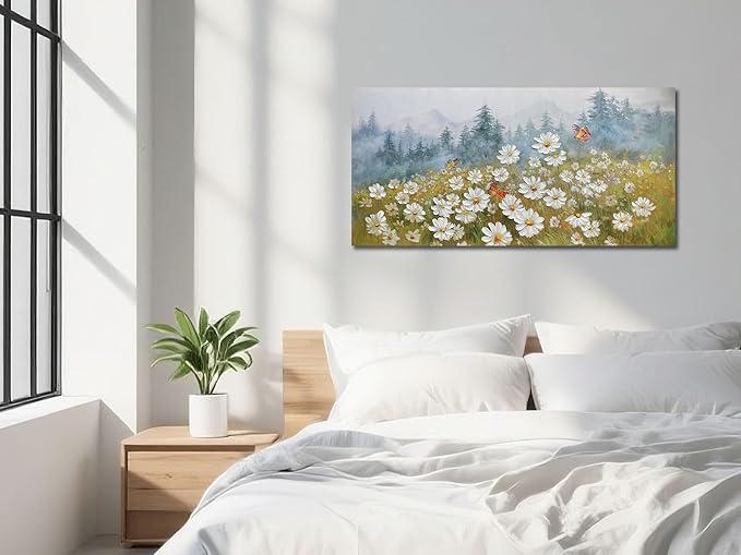 Arjun Flower Wall Art Daisy Painting Textured Paintings, Canvas Art Wall Decor, Large Wall Art for Bedroom, Daisy Art Large Paintings for Living Room Home Office Dining Room 40"x20"