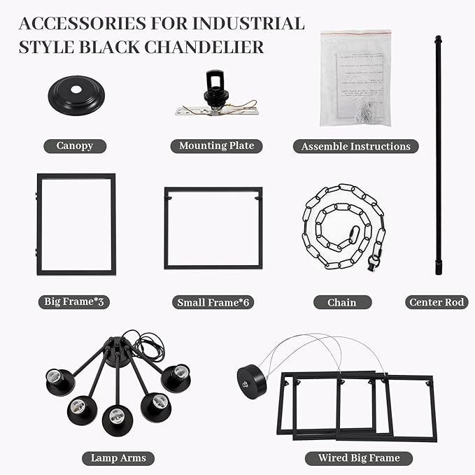 5-Light Black Geometric Chandelier,Height Adjustable Industrial Chandelier for Dining Room,Modern Farmhouse Chandelier Light Fixture over Table,for Bedroom,Living Room,Entryway,Bulbs Not Included