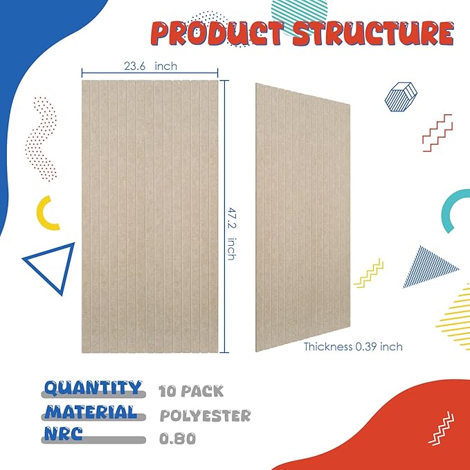 10 Pack Large Acoustic Panels,47.2" X 23.6" Acoustical Wall Panel,Self-Adhesive Sound Proof Panel for Office, Decorative Soundproof Wall Panels for Home Studio (Camel)