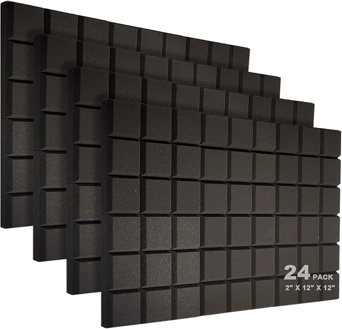 JBER 24 Pack 2" X 12" X 12" Acoustic Foam Panels,Soundproofing Wall Studio Foam Panels Wedges,Sound Insulation Absorbing Acoustic Treatment,9 Blocks Beveled Square Fireproof Design - Black