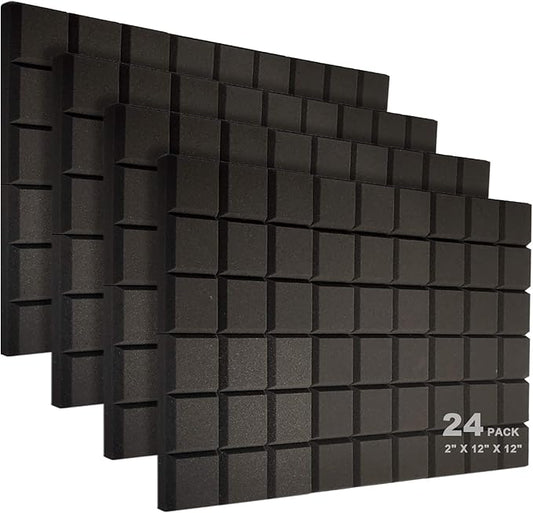 JBER 24 Pack 2" X 12" X 12" Acoustic Foam Panels,Soundproofing Wall Studio Foam Panels Wedges,Sound Insulation Absorbing Acoustic Treatment,9 Blocks Beveled Square Fireproof Design - Black