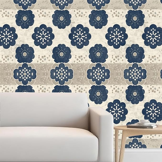 Nuxovilar Navy White Floral Medallion Textured Peel and Stick Wallpaper, 15.75"x39.37", Self-Adhesive Contact Paper, Traditional Tile Pattern for Bedroom, Living Room and Table Decor