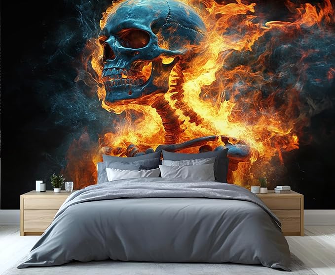 Blue Skull Wall Murals, Orange-Red Flame Mural Wallpaper, Dark Gradient Wall Decor, Skeleton Mural for Bedroom, Fantasy Dark Wallpaper for Living Room 196"（W） x 125"（H）