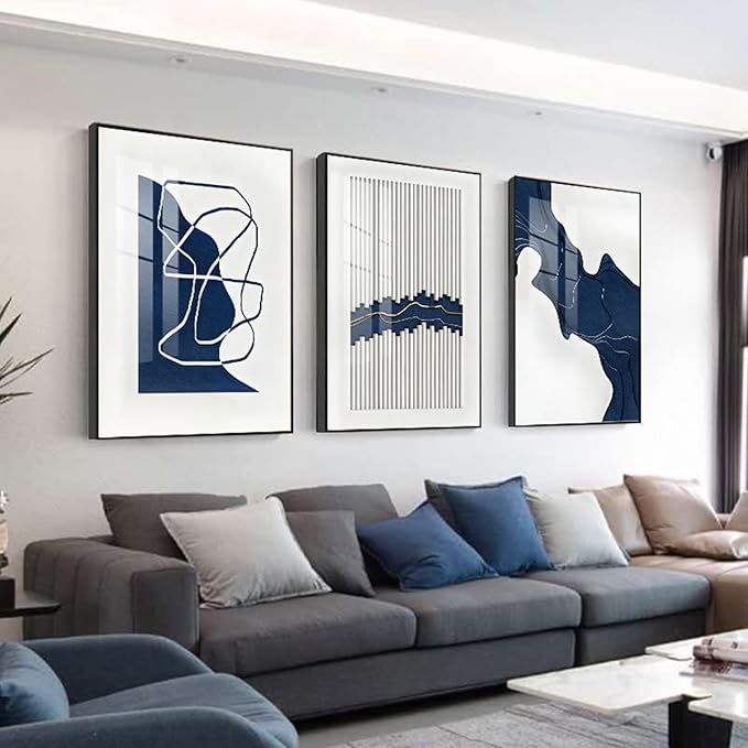 ARTFEB Navy Blue Wall Art, Abstract Blue and White Painting Wall Art for Living Room Decor,Black Framed Wall Decor for Bedroom Bathroom Home Office, 24x32 inch,3 Piece