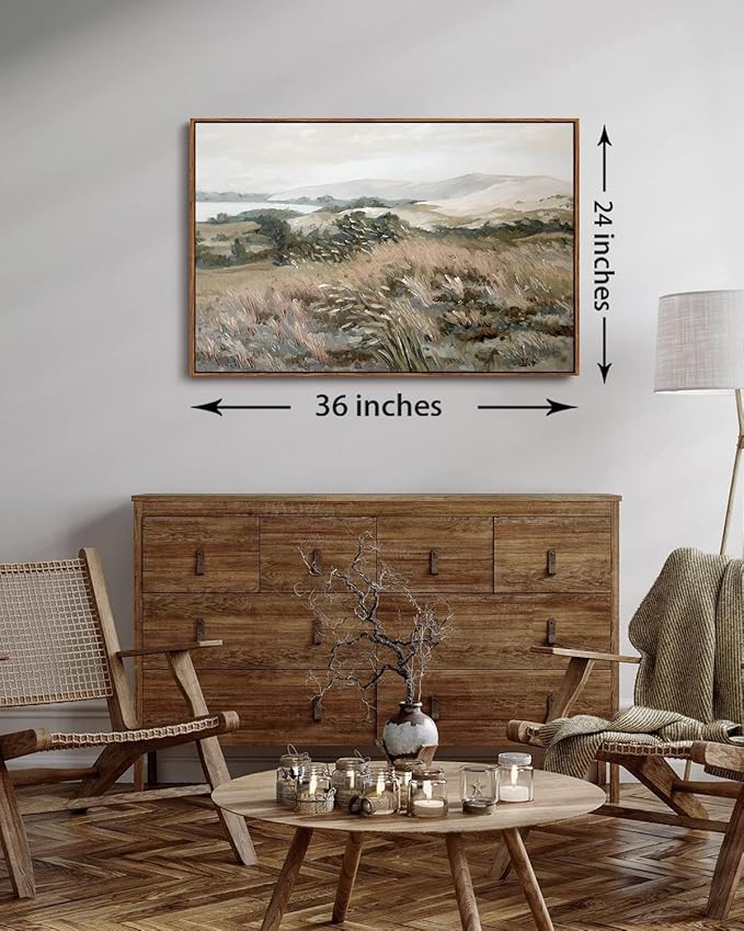 KISSFOX Vintage Landscape Canvas Wall Art Neutral Farmhouse Hills Lake Framed Wall Art Serene Countryside Paintings Artwork Rustic Art Prints For Bedroom Living Room