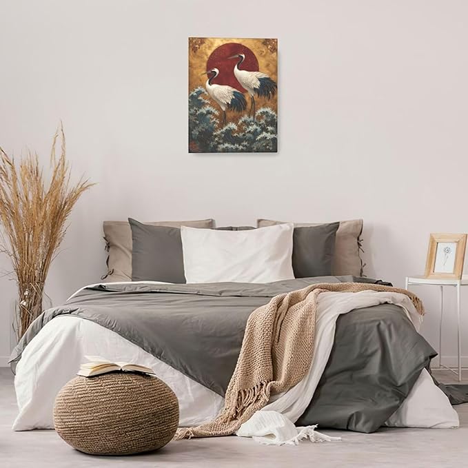 Japanese Crane Wall Art Gold Oriental Asian Wall Decor Sandhill Crane Canvas Pictures Paintings Prints Japan Traditional Aesthetic Artwork Framed Chinese Decorations For Bedroom Living Room Office Gifts 16" x 20"
