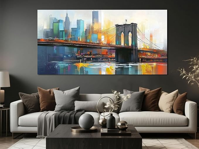 Arjun Cityscape Wall Art New York City Canvas for Living Room Painting Brooklyn Bridge Manhattan Bedroom Wall Art for Men Modern Picture Artwork Framed Home Office Wall Decor, Extra Large 58"x29"