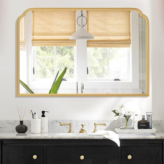 36X24 Inch Gold Bathroom Vanity Mirror for Over Sink, Modern Rounded Corner Fireplace Decor Mirror with Non-Rusting Iron Metal Framed