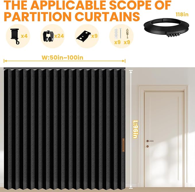 100% Blackout Accordion Room Divider Curtains - with Flexible Ceiling Track Total Privacy Sound Proof Curtains Suitable for Bedroom Patio Sliding Door(Black, W100 x L96, 1 Pack)