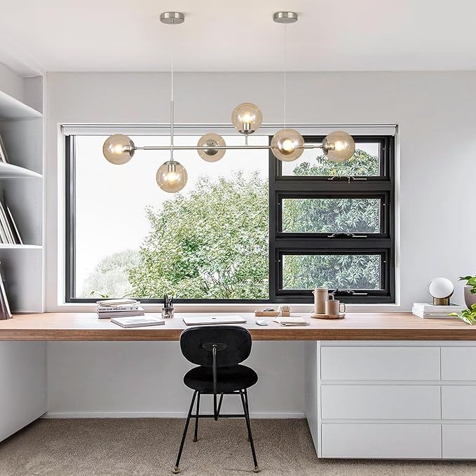 KCO Lighting Mid Century Modern Rectangle Light Fixture 6-Light Glass Globe Linear Chandelier Brushed Nickel Pendant Light Fixture Adjustable Kitchen Island Lighting (Silver+Amber)