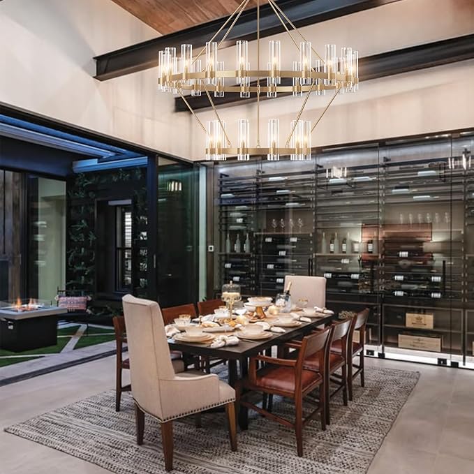 60" Gold Chandelier, 2 Tier Wagon Wheel Chandelier with Glass Shade, 30-Lights Large Round Modern Farmhouse High Ceilings Pendant Lighting Fixture for Dining Room, Living Room, Kitchen, Foyer