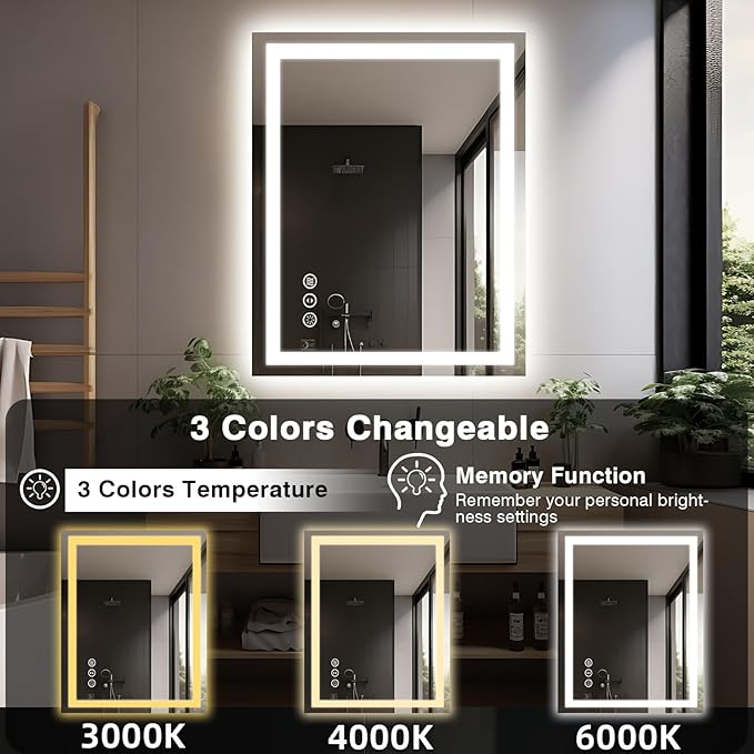 28"x36" LED Bathroom Mirror for Wall, Front and Backlit, Anti-Fog Vanity With Lights, Stepless Dimmable, 3 Colors Smart (Horizontal/Vertical)