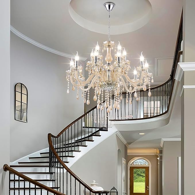 MALOSA Luxury Cognac Large Crystal Chandeliers for Dining Room,Living Room,Bedroom 30.7" 15 Lights
