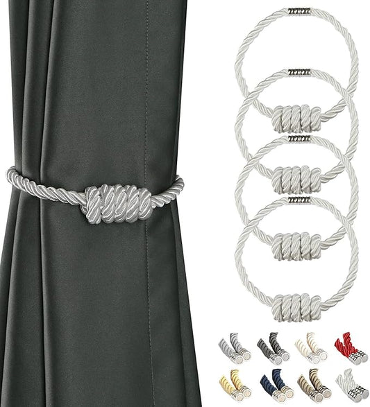 BEL AVENIR Magnetic Curtain Tiebacks, Decorative Drapery Holdbacks Modern Woven Tie-Backs with Exquisite Knot (White, 4 Pack)