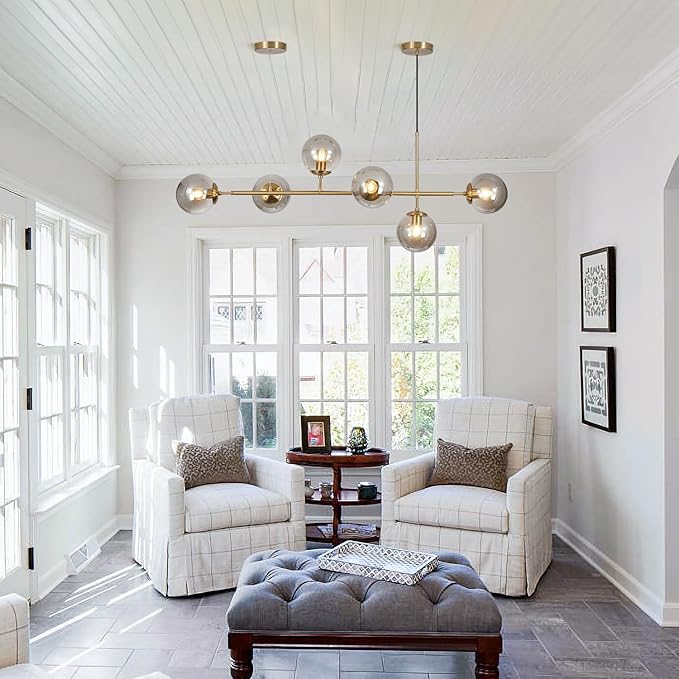 KCO Lighting 6-Light Modern Globe Sputnik Chandelier Brass Gold Linear Pendant Chandelier Lighting Smoke Glass Dining Room Chandelier Mid Century Sputnik Island Lights for Kitchen Living Room