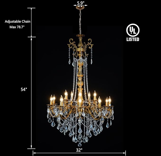 Modern Crystal Chandelier Lighting, Antique Gold Chandeliers for High Ceiling Foyer Entryway Living Room 15-Light Large Crystal Candle Light Fixture Staircase Oversize Round H54 D32