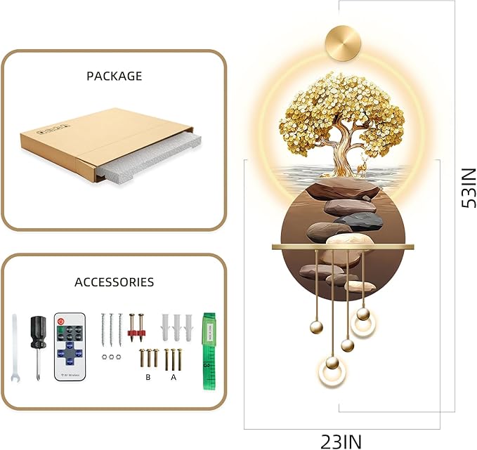 3D Art Wall Decor with Light, Art 3D Decor Wall Sculptures LED Modern Home Decors Picture Walls Light Chinese, Plug-in Power Supply, Gold T, 23x53IN