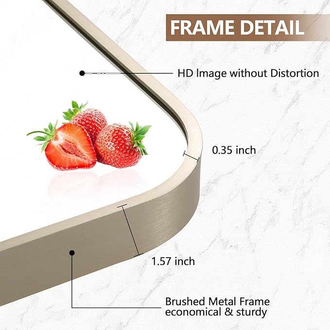 24x36 Inch Brushed Nickel Bathroom Mirror, Framed Rectangle Mirror with Rounded Corner, Brushed Mirror, Silver Bathroom Mirror for Over Sink, Vanity, Living Room, Bedroom, Horizontal/Vertical