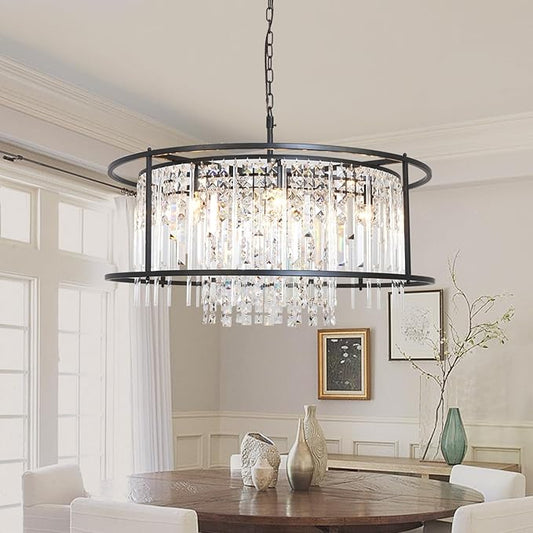 Modern Crystal Chandelier Black Round Lighting Fixture for Dining Room Bedroom Entryway Kitchen Island Living Room