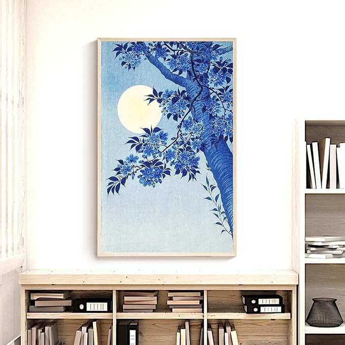 OZCONO Japanese Moon and Cherry Blossom Art Print, UV-Resistant Giclée Print, Unframed Wall Decor (11L x 9W)