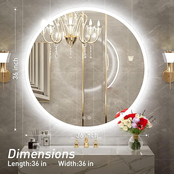 36 Inch Round LED Bathroom Mirror - 6000K Daylight Backlit, Anti-Fog & Dimmable, Frameless Waterproof Mirror with Touch Control, CRI90+, IP54 for Vanity & Makeup
