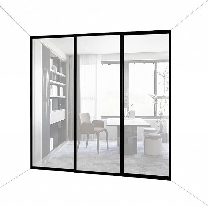 3-Panel Clear Glass Sliding Room Divider - Tempered Glass Wall Separator Screen for Office, Home, Workstation, Cubicle, Desk - Commercial & Residential Partition - 108" W x 96" H, Black Frame