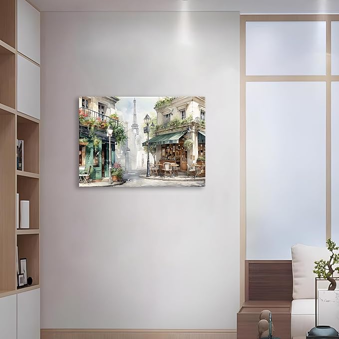 Modern Framed Street View Wall Art European Coffee Shop Canvas Print, Contemporary City Scene Painting, Vintage Cafe Artwork for Kitchen Dining Room Living Room, Bedroom Home Decor, Multi Size