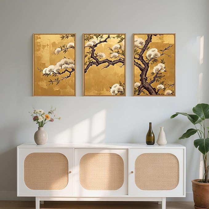 Large Vintage Plum Blossom Framed Canvas Wall Art,Neutral Golden White Floral Wall Decor,Retro Nature Flower Artwork,Modern Neutral Wildflower Art Print for Living Room,Bedroom,Office-16"x24"x3