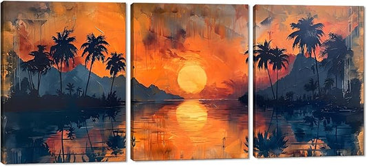 MAMAGO Sunset Beach Wall Art Tropical Palm Trees Canvas Print Picture Oil Painting Style Coastal Landscape Living Room Bedroom Bathroom Wall Decor Framed Easy to Hang-12”W x 16”Hx3pcs