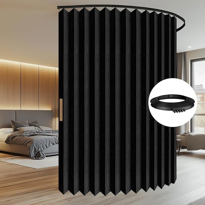 100% Blackout Accordion Room Divider Curtains - with Flexible Ceiling Track Total Privacy Sound Proof Curtains Suitable for Bedroom Patio Sliding Door(Black, W100 x L108, 1 Pack)