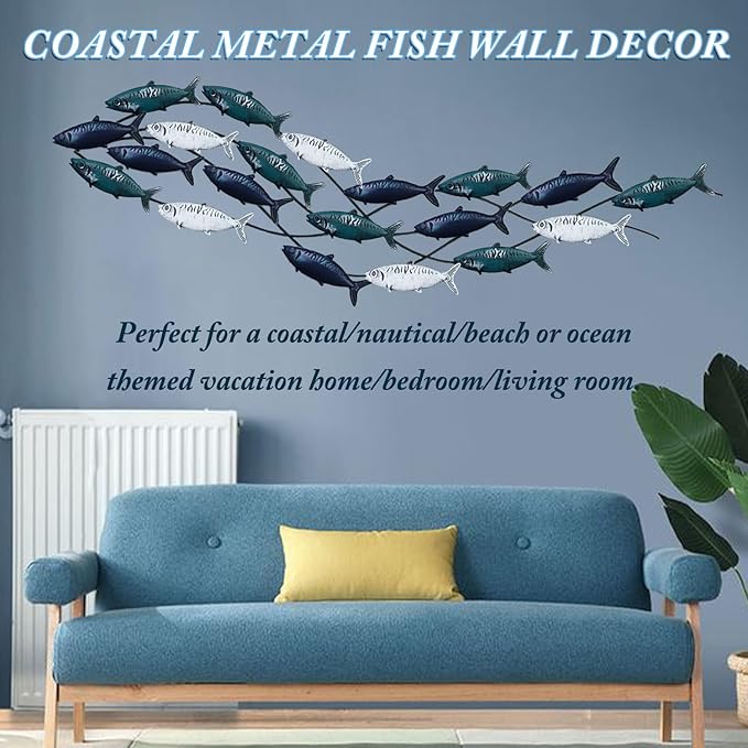 Metal Fish Wall Art - Large School of Fish Wall Decor for Living Room & Bedroom - Coastal Nautical Ocean Wall Sculpture (59" x 16")